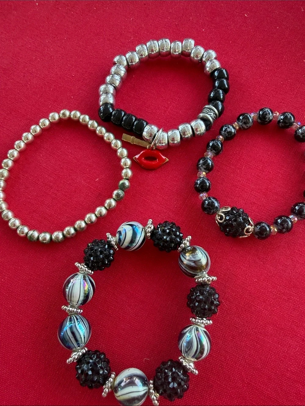 Black & Silver Beaded Stretch Bracelet Bundle - Unbranded